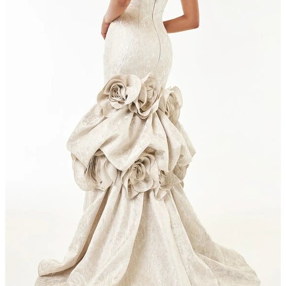 AZAZIE Atelier Donatella Champagne Brocade Black Tie Wedding Dress Gown Size 14 - Picture 2 of 7